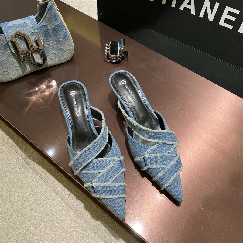 Dép Cao Gót Mũi Nhọn Chất Liệu denim Thời Trang Mùa Hè 2023 Cho Nữ
