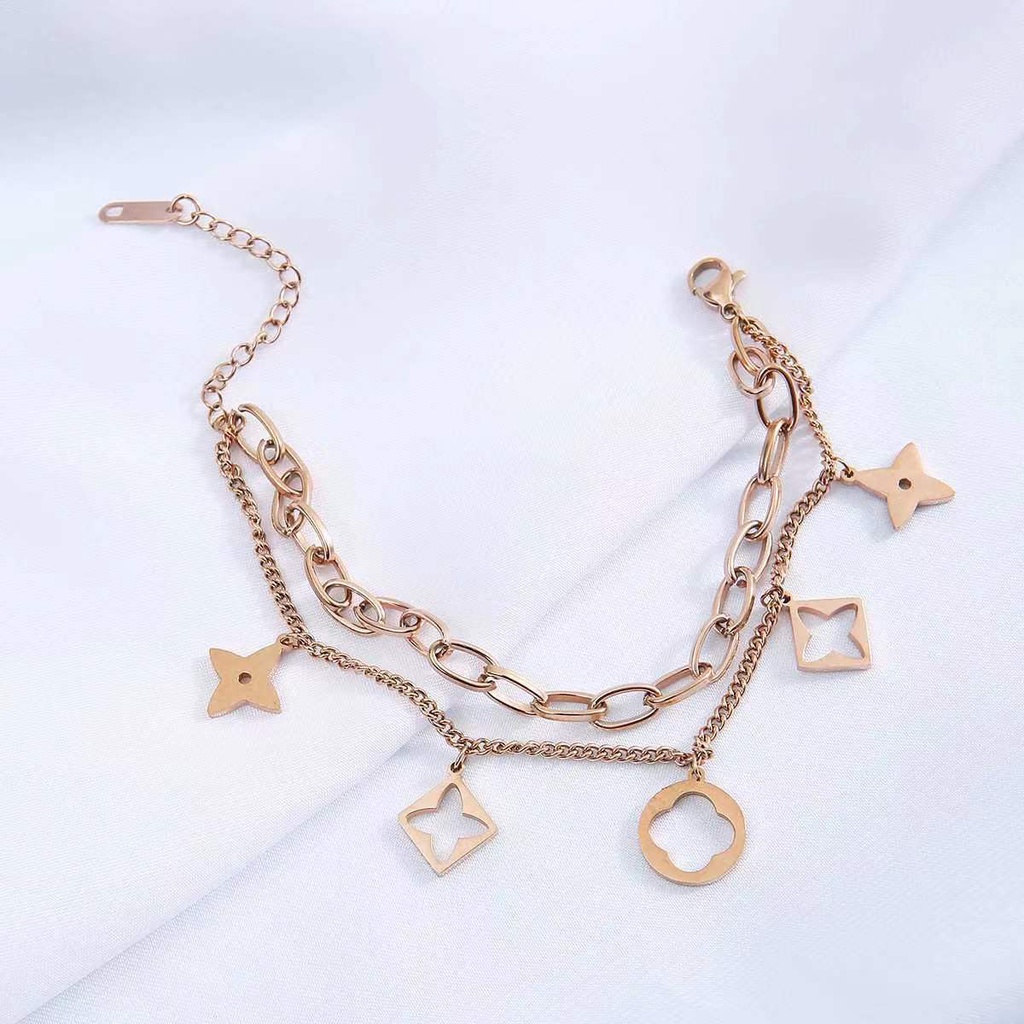 Vòng Tay Hai Lớp Bằng Thép Không Gỉ Mạ Vàng 18K Phong Cách Hàn Quốc Đơn Giản