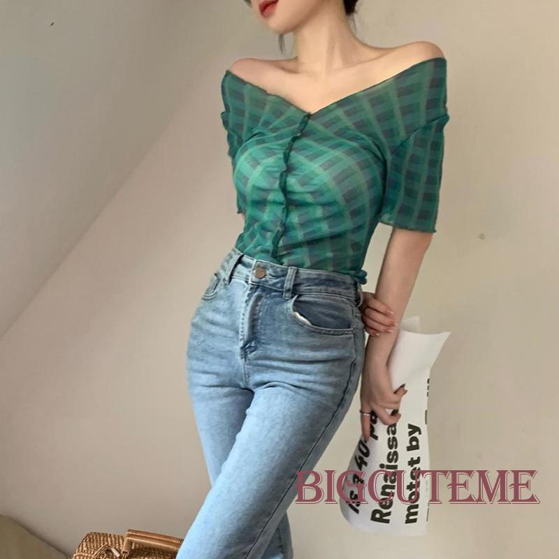 Áo Thun Lưới Tay Ngắn Cổ Chữ V Xuyên Thấu Họa Tiết Kẻ Sọc Thời Trang Mùa Hè Cho Nữ