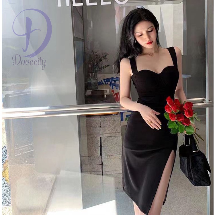 Đầm Hai Dây Ôm Dáng Xẻ Tà Chéo Màu Đen Thiết Kế Gợi Cảm Cao Cấp Cho Nữ