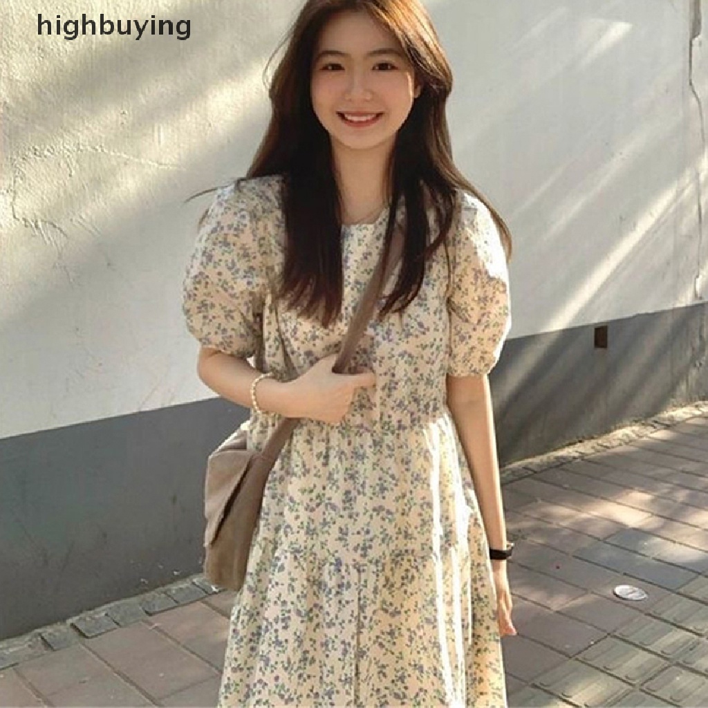 Đầm Midi Tay Ngắn Cổ Tròn In Họa Tiết Hoa Phong Cách Hàn Quốc Cho Nữ