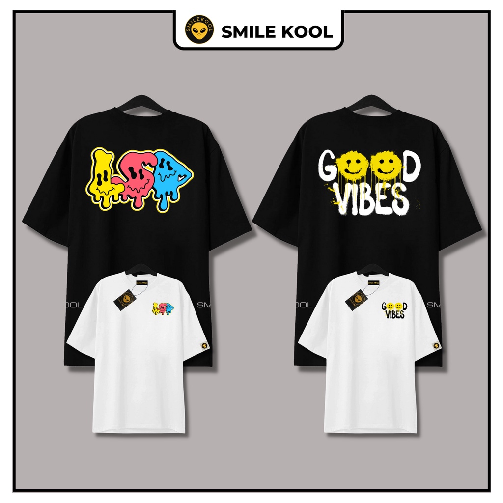Áo Thun Tay Lỡ Smile Kool , mẫu in 2 mặt, Form rộng oversize, unisex nam nữ, chất vải cotton, smilekool shop