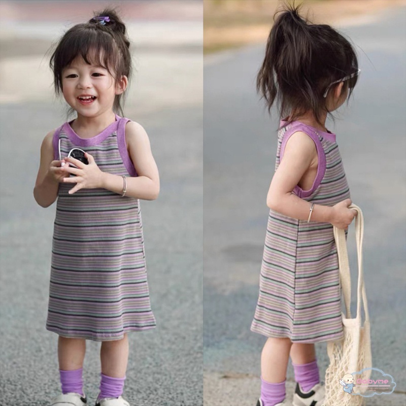 Đầm Mùa Hè Thoải Mái Dễ Thương Kẻ Sọc Phong Cách Hàn Quốc Cho Bé Gái