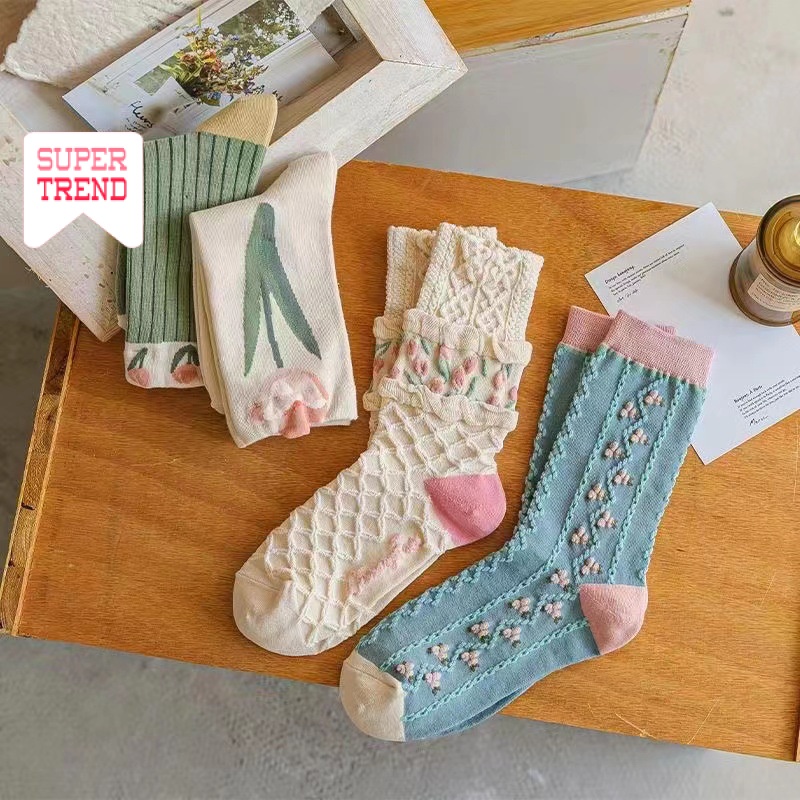 Vớ Cổ Trung In Họa Tiết Hoa Tulip Phong Cách Cổ Điển Thời Trang Cho Nữ