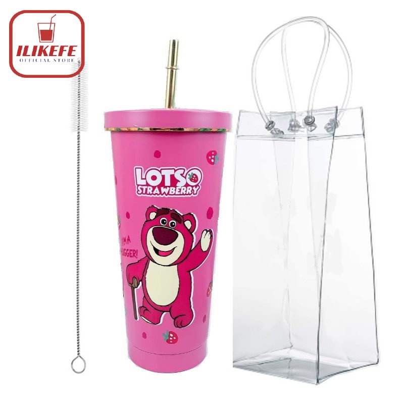 ILIKEFE Ly Gấu Dâu Lotso - Cốc Giữ Nhiệt Gấu Dâu Lotso - 750ml + Túi đựng Bình Giữ Nhiệt
