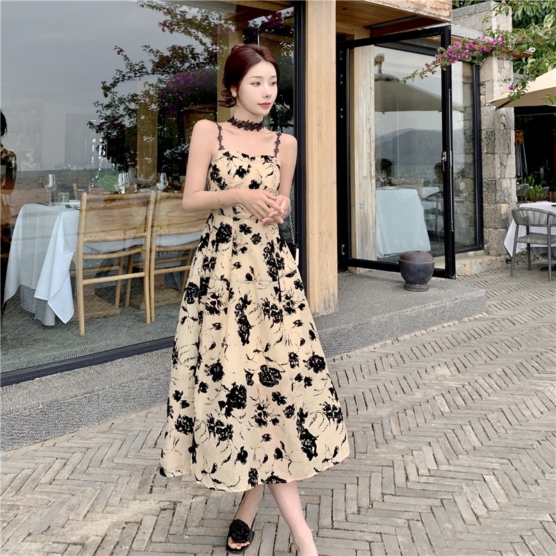 Đầm Midi Hai Dây Họa Tiết Hoa Phong Cách Retro Hàn Quốc Cho Nữ