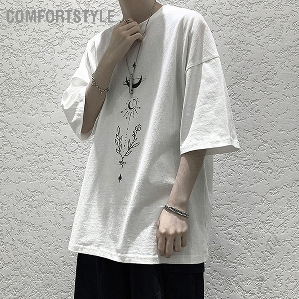 Comfortstyle Áo Sơ Mi Nam Tay Lửng Cổ Tròn In Hình Lỏng Lẻo Nhân Quả C