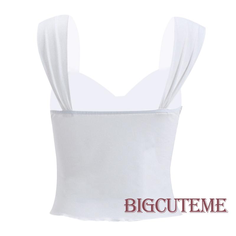 [] Áo Thun Crop Top Không Tay Cổ Chữ V Màu Trơn Viền Diềm Xếp Nếp Mùa Hè Cho Nữ