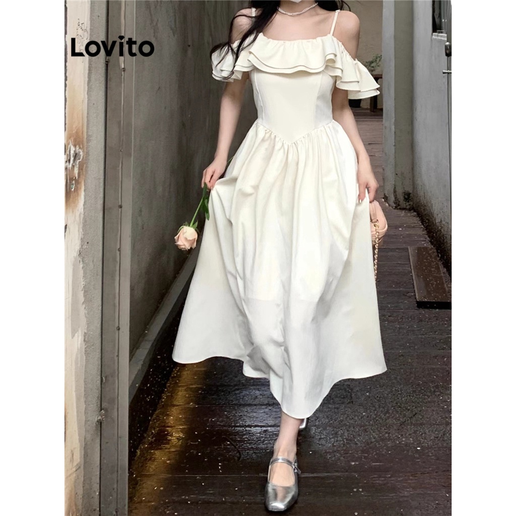 Đầm trễ vai Lovito màu trơn hở vai xếp nếp phong cách thường ngày dành cho nữ LNE05042 (màu trắng)