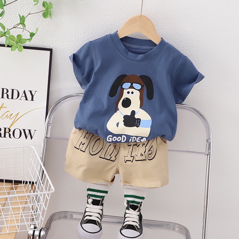 Set Đồ Mùa Hè 2 Món Gồm Áo Thun Tay Cộc + Quần In Họa Tiết Hoạt Hình Cho Bé Trai