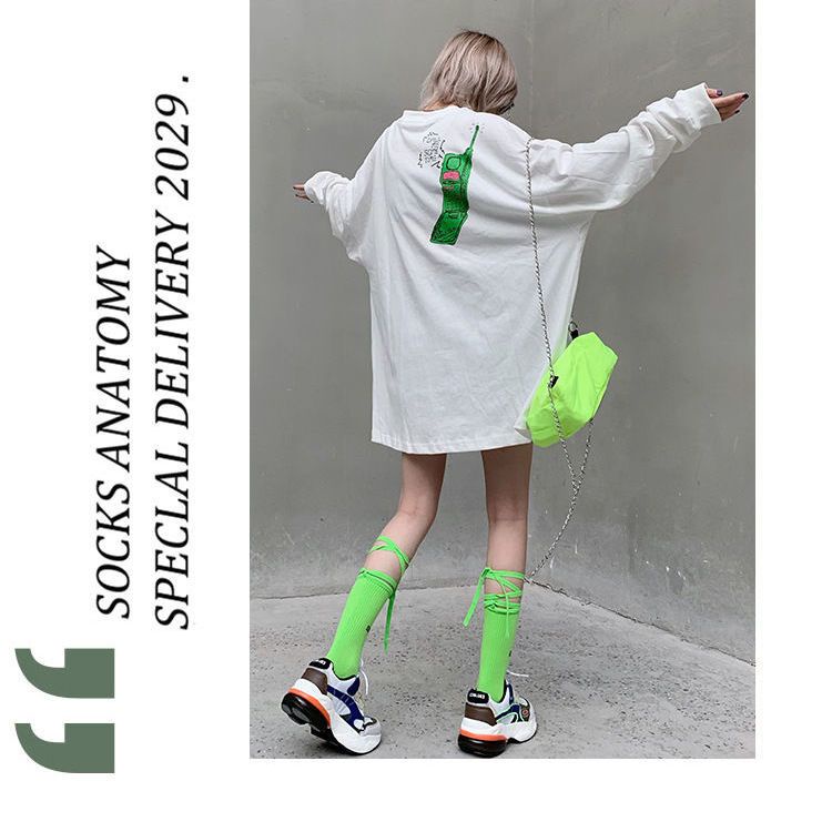 Hàng Mới Về Jiashucheng Vớ Dây Chéo Màu Xanh Lá Dạ Quang Thời Trang Thu Đông Mới Cho Nữ