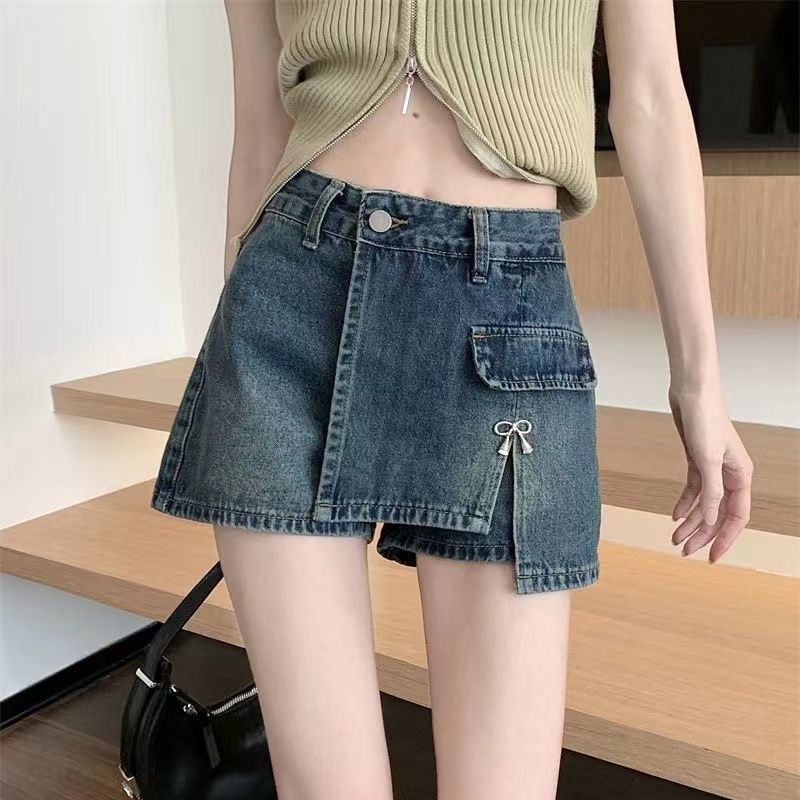 Quần Short Denim Lưng Cao Ống Rộng Lệch Tà Màu Xanh Dương Phong Cách Hàn Quốc Thời Trang Mùa Hè Mới Cho Nữ