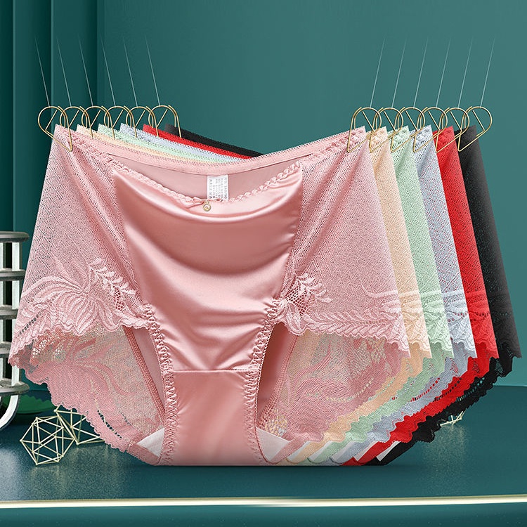 Bộ 3 Quần Lót Cotton Satin Lưng Cao Phối Ren Không Đường May Quyến Rũ Cho Nữ