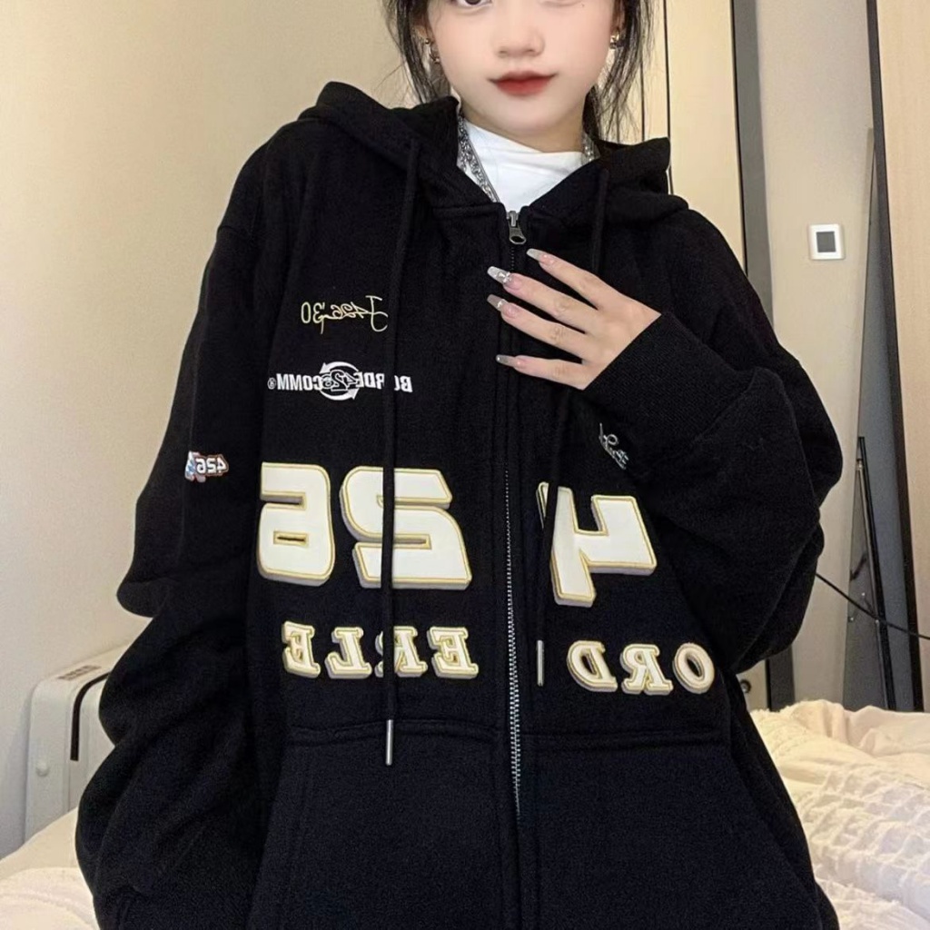 Áo Khoác Khóa Kéo In logo Phân Tử Phong Cách Đường Phố Retro