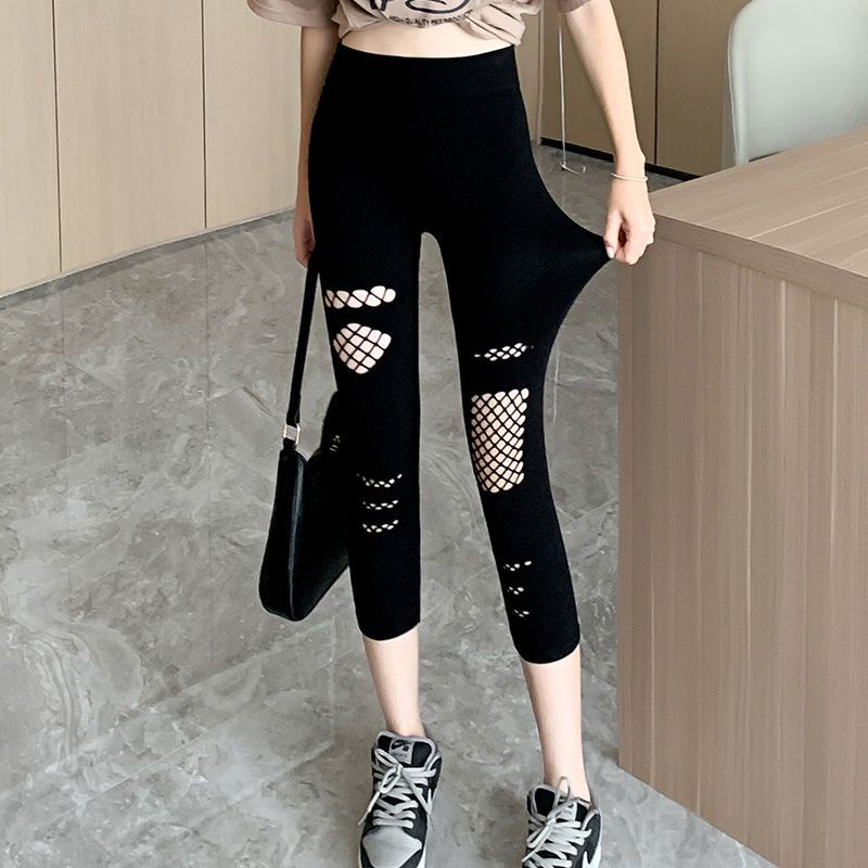 Hàng Có Sẵn Quần Legging Ôm Dáng Co Giãn Phối Lưới Rách Cỡ Lớn Thời Trang Mùa Hè Cho Nữ