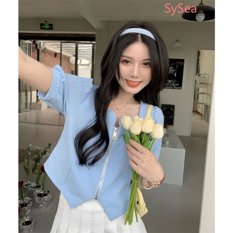 Áo Kiểu Cổ Vuông Phối Khóa Kéo Phong Cách Hàn Quốc Cho Nữ