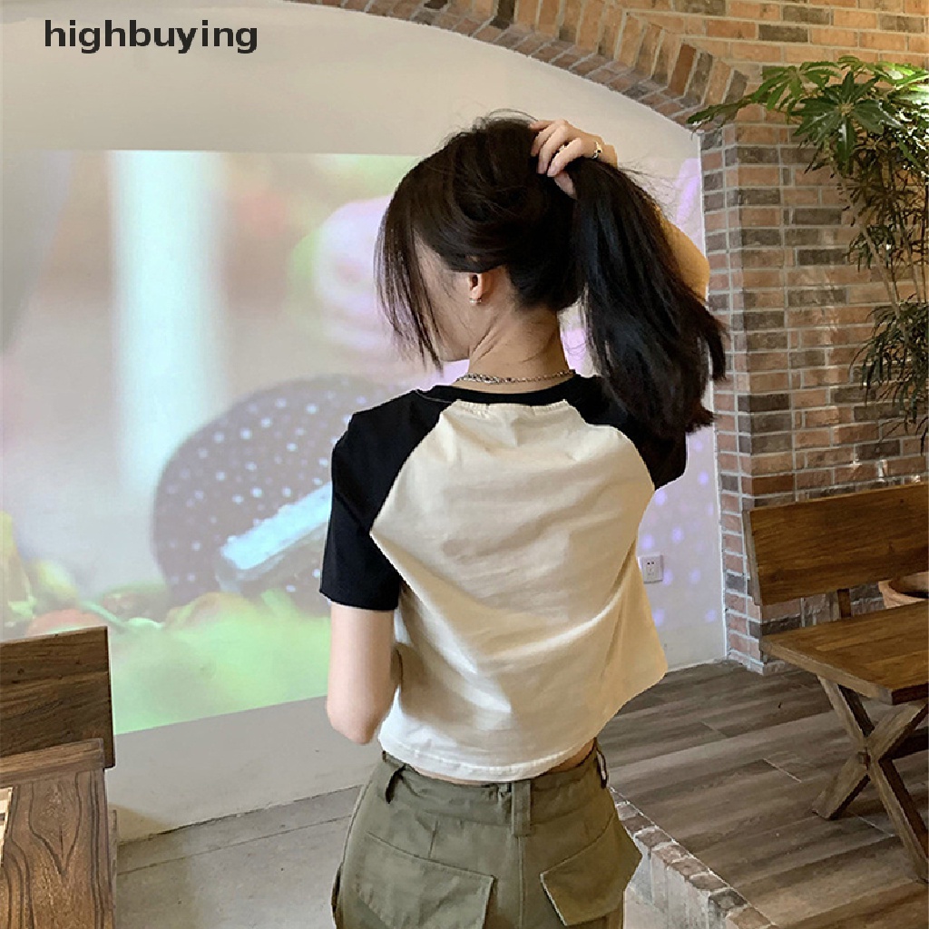 Áo Thun Lửng Ngắn Tay Cổ Tròn In Họa Tiết Phong Cách Retro Mỹ