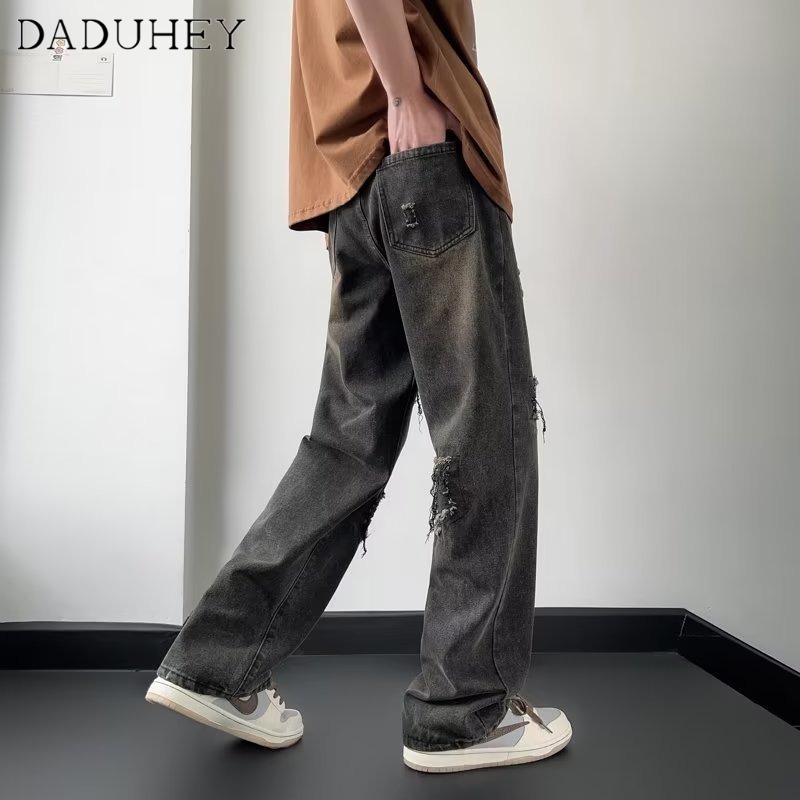 DaDuHey Men's 2023 Summer Tide High Street Raw Hem Ripped Jeans Hong Kong Style Straight Loose All-Matching Casual Pants
