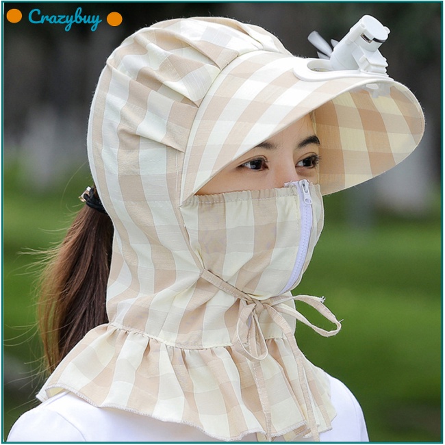 Cr Mũ Chống Nắng Chống Gió Bảo Vệ Mặt Và Cổ Họa Tiết Kẻ Sọc Kèm Quạt