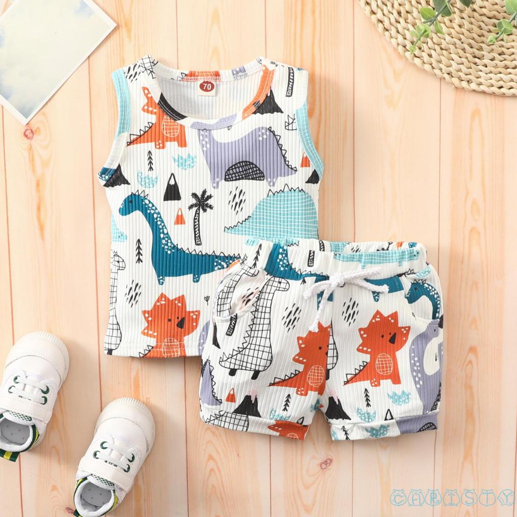 Set Đồ Mùa Hè 2 Món Gồm Áo Ba Lỗ Cổ Tròn In Họa Tiết Khủng Long + Quần Ngắn Eo Thun Cho Bé