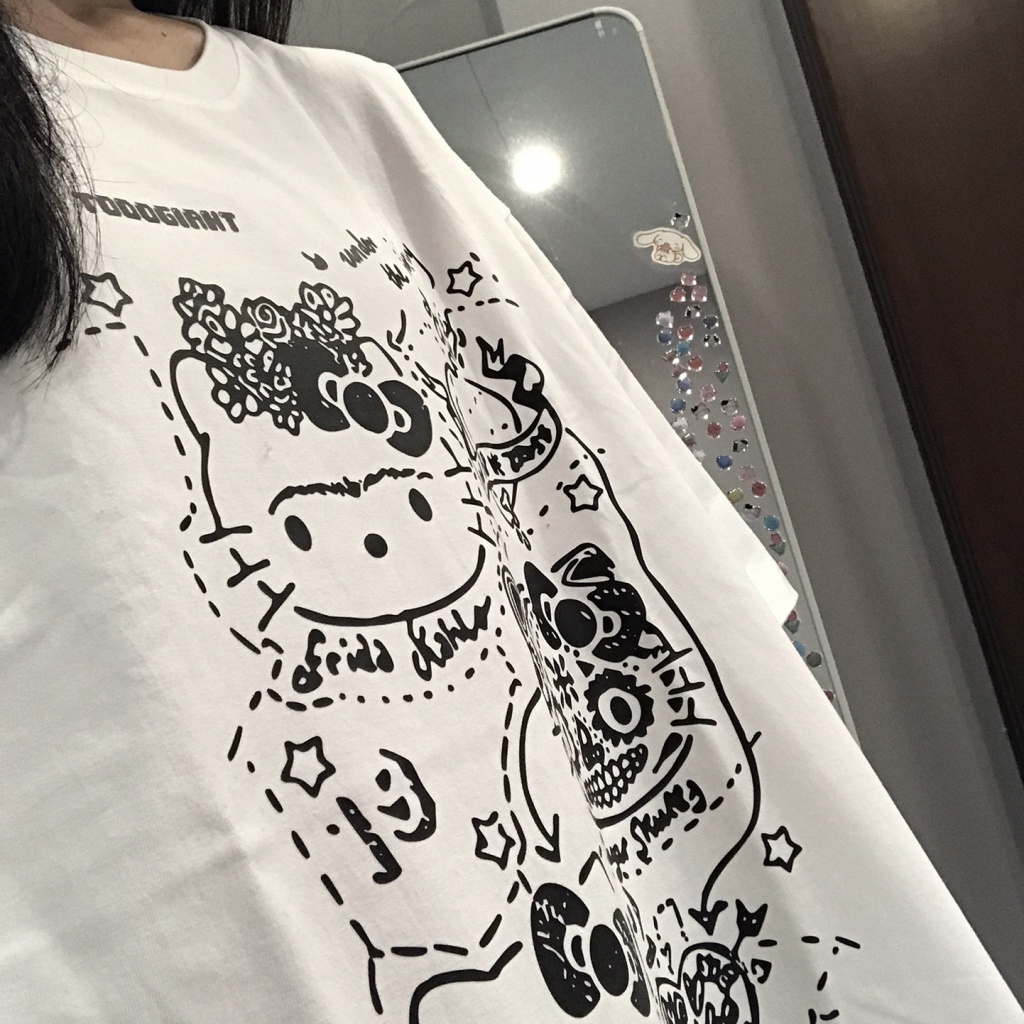 Áo Thun 100% Cotton Tay Ngắn Cổ Tròn Dáng Rộng In Họa Tiết Hello Kitty Dễ Thương Cho Nữ