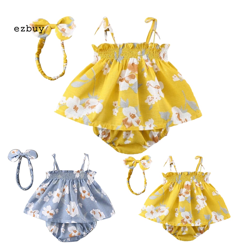 Set Đồ 3 Món Áo Thun Không Tay In Hoa + Quần Ngắn + Băng Đô Dành Cho Bé Gái