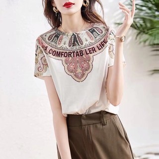 Áo thun dáng rộng in họa tiết thổ cẩm thời trang mùa hè cho nữ