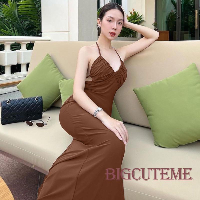 [] - Đầm Dài Cổ Chữ V Không Tay Hở Lưng Xếp Ly Màu Trơn Đơn Giản Thích Hợp Đi Tiệc / Hồng / Xanh Lá / Cà Phê Cho Nữ