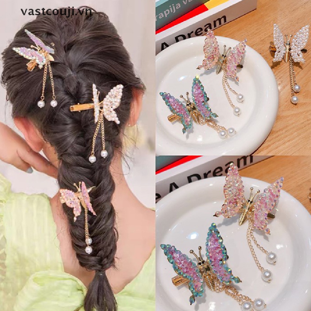 Kẹp Tóc Hình Bướm Đính Đá Tua Rua Xinh Xắn Cho Bé Gái