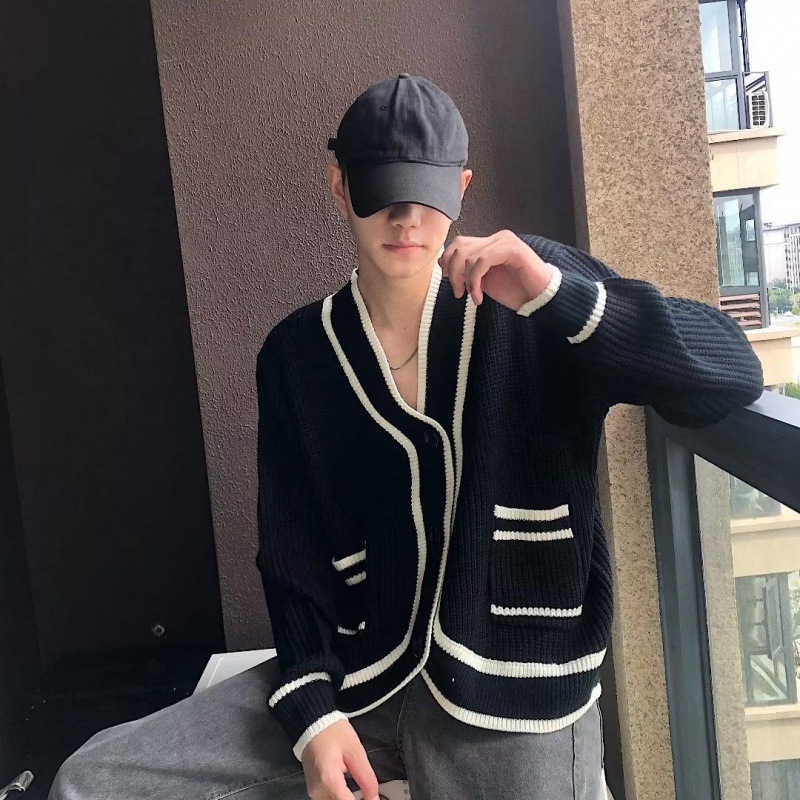 Áo Khoác Cardigan Dệt Kim Cổ Chữ V Dáng Rộng Họa Tiết Kẻ Sọc Trắng Đen Phong Cách Hàn Quốc Thời Trang Xuân Thu Cho Nam Và Nữ