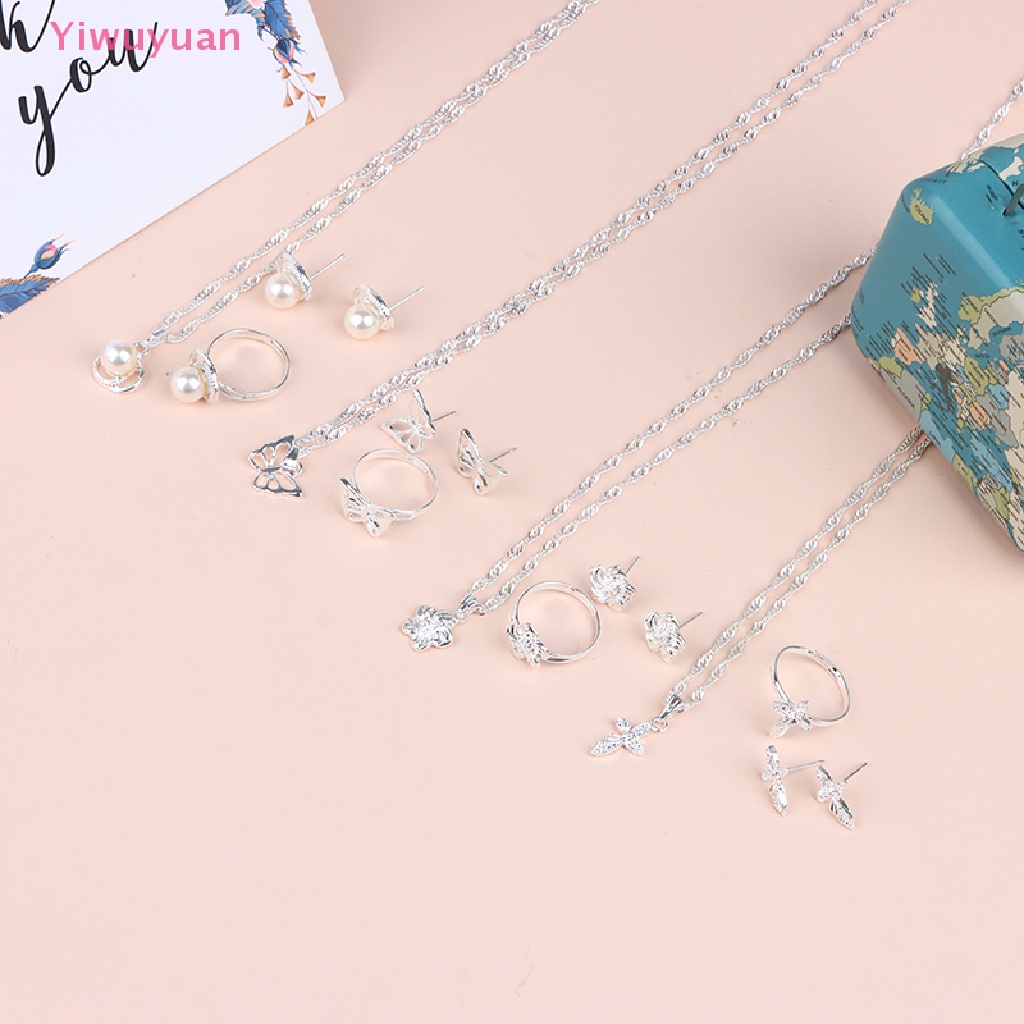 Bộ Vòng cổ + Nhẫn + Bông Tai Mạ Bạc Hình Hoa &amp; Bướm Đính Ngọc Trai Nhân Tạo Cho Nữ