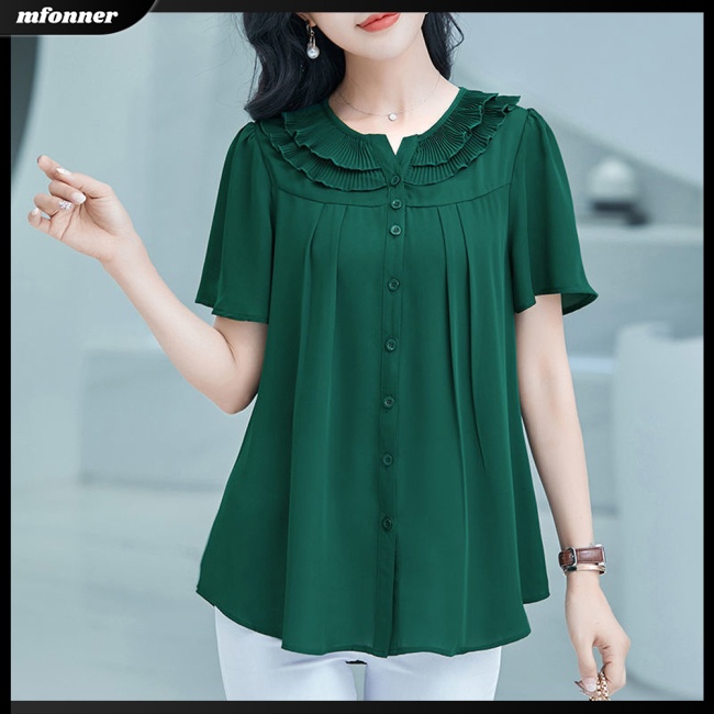 Áo Sơ Mi Chiffon Tay Ngắn Dáng Rộng Màu Sắc Đơn Giản Thanh Lịch Dành Cho Nữ Có Size Lớn