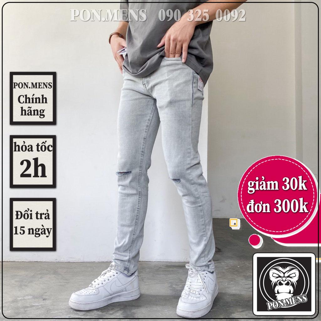 Quần bò nam màu ghi bạc rách gối co giãn tốt pon.mens hà nội hcm