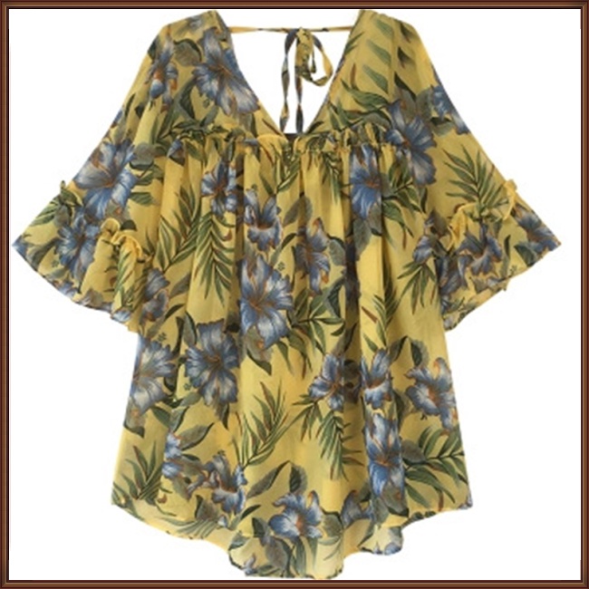 Áo Sơ Mi Chiffon Tay Loe Cổ Chữ V Dáng Rộng In Họa Tiết Thời Trang Cho Nữ