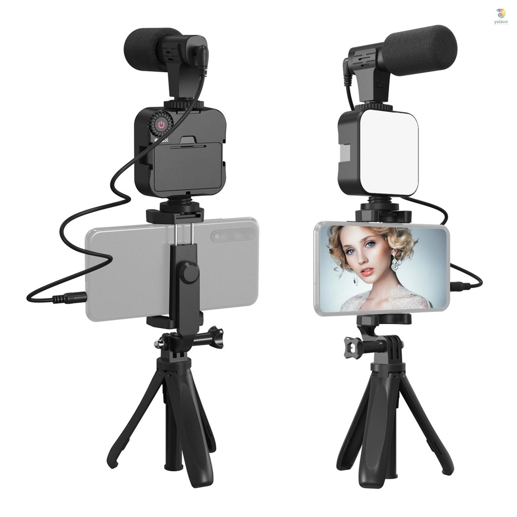 Bộ Giá Đỡ Ba Chân + Mic + Đèn Video + Kẹp + Dây Cáp Âm Thanh 3.5mm TRS to TRRS Cho Điện Thoại / Live Stream / Ghi Âm / Video