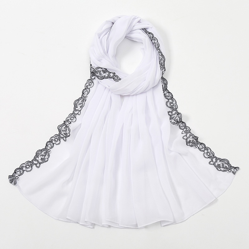 Khăn Choàng Cổ Chiffon Màu Trơn Phối Ren Và Ngọc Trai Thời Trang Mùa Hè Kích Thước 172-72CM Cho Nữ