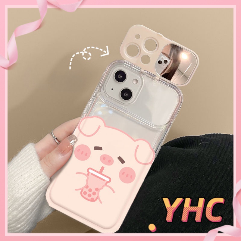 Ốp Lưng iPhone Camera Con lợn nhỏ uống trà sữa, nắp lật, giá đỡ gương, vỏ mềm silica gel chống rơi Cho Iphone 6 / 6S / 6splus / se / 7 / 7plus / 8 / 8plus / X / xs / xsmax / 11 / 12 / 13 / 14 / Plus / pro / pro max-8011