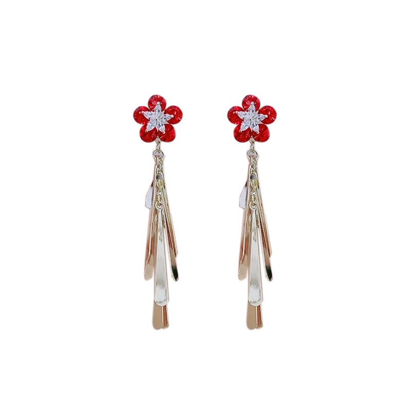 Khuyên Tai Tua Rua Dáng Dài Hình Hoa Năm Cánh Đính Đá Pha Lê Phong Cách Hàn Quốc Thời Trang Cho Nữ