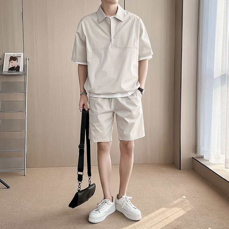 Set Áo Thun polo Tay Ngắn Màu Trơn Phối Quần Short Dáng Rộng Thời Trang Mùa Hè Phong Cách Hàn Quốc Cho Nam