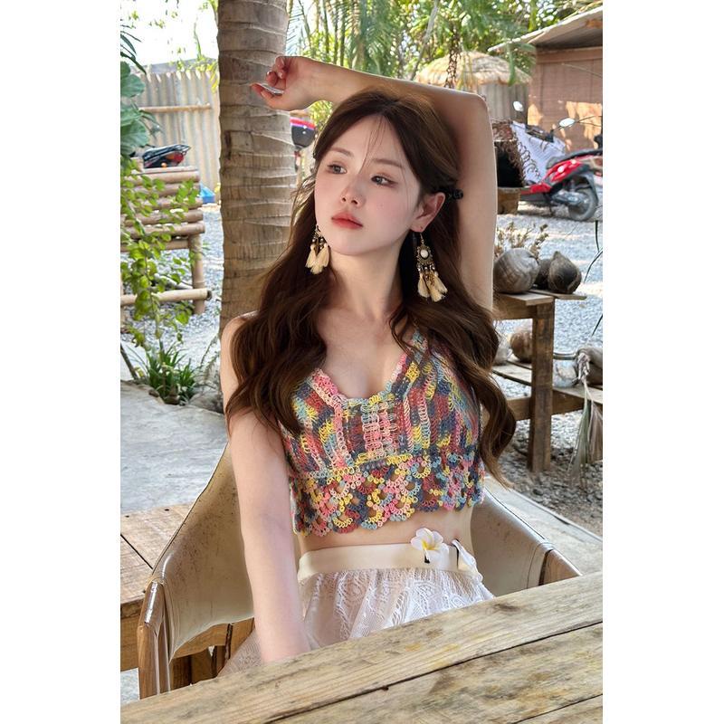 Niche Áo Hai Dây Dáng Ngắn Có Đệm Ngực Thiết Kế Nhân Vật Nhiều Màu Sắc Mặc Trong Kỳ Nghỉ