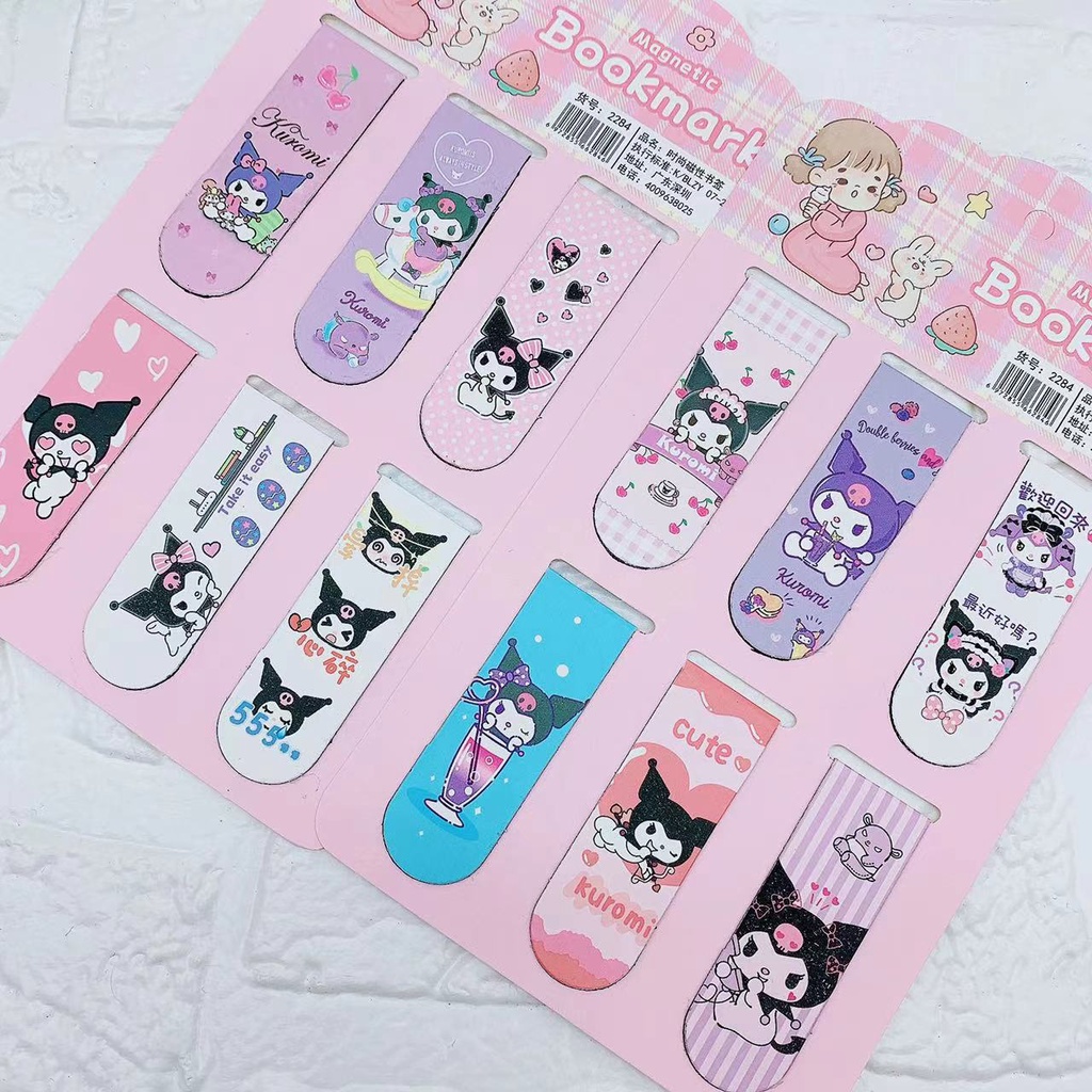 Sanrio bookmark Đánh Dấu Trang Bộ 6 Thẻ Đánh Dấu Sách Hai Mặt Từ Tính Màu Trắng In Hoạt Hình Kurumi Dễ Thương Cho Học Sinh