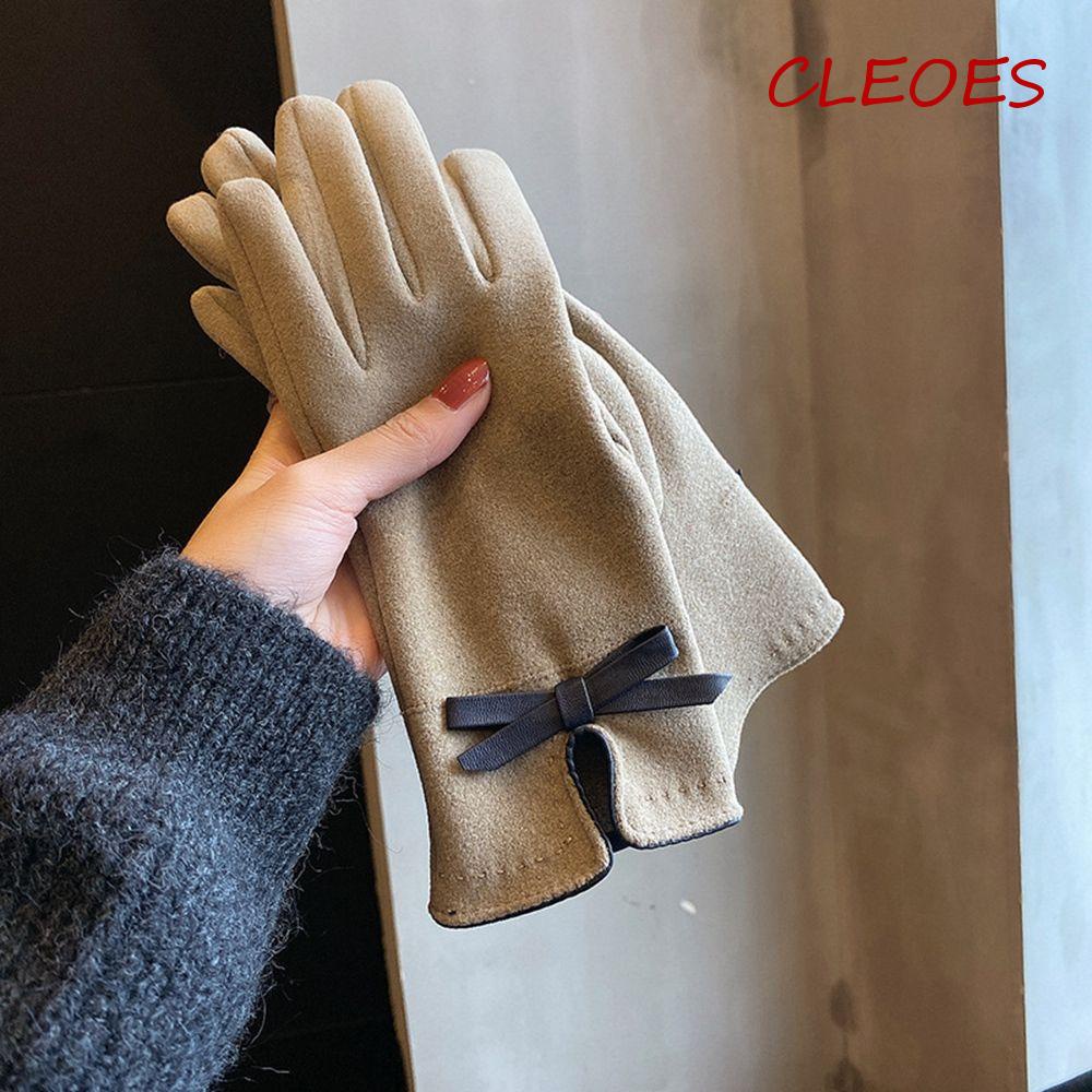 Găng Tay Da Lộn Đính Nơ Co Giãn Thoáng Khí Có Thể Dùng Màn Hình Cảm Ứng