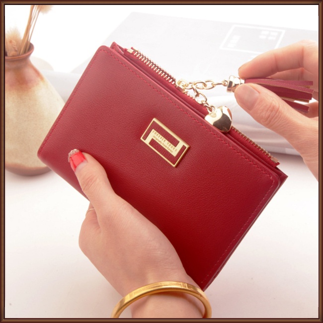 Ví Da Pu Ngắn Đa Năng Màu Trơn Có Khóa Kéo Và Tua Rua Thời Trang Cho Nữ Giá Đỡ