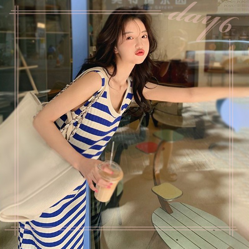 Đầm Dệt Kim Sát Nách Dáng Dài Cổ Tròn Họa Tiết Kẻ Sọc Thời Trang Mùa Hè Xinh Xắn Cho Nữ