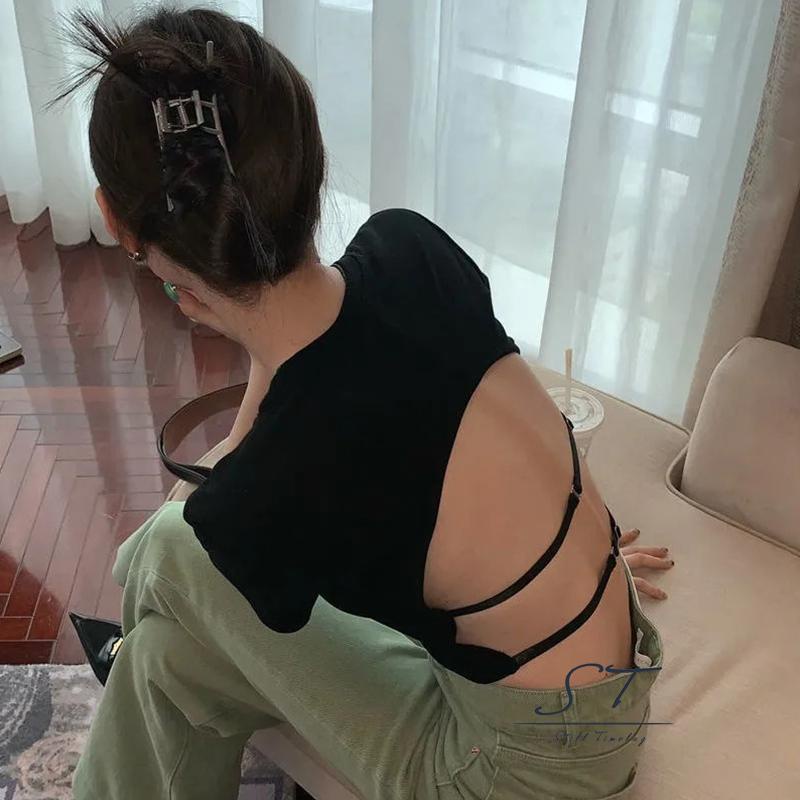 Áo Thun Crop Top Tay Ngắn Cổ Tròn Màu Đen Thời Trang Mùa Hè Cho Nữ CY03