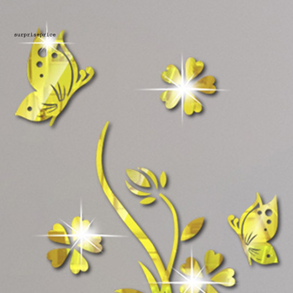 Sticker Dán Tường Bằng Acrylic Mặt Gương Hình Lọ Hoa Và Bướm Trang Trí Nhà Cửa