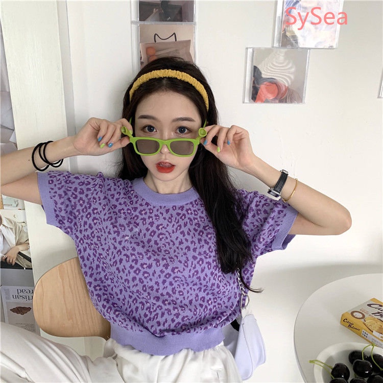 Áo Dệt Kim Cổ Tròn Dáng Rộng Họa Tiết Da Báo Cá Tính Cho Nữ