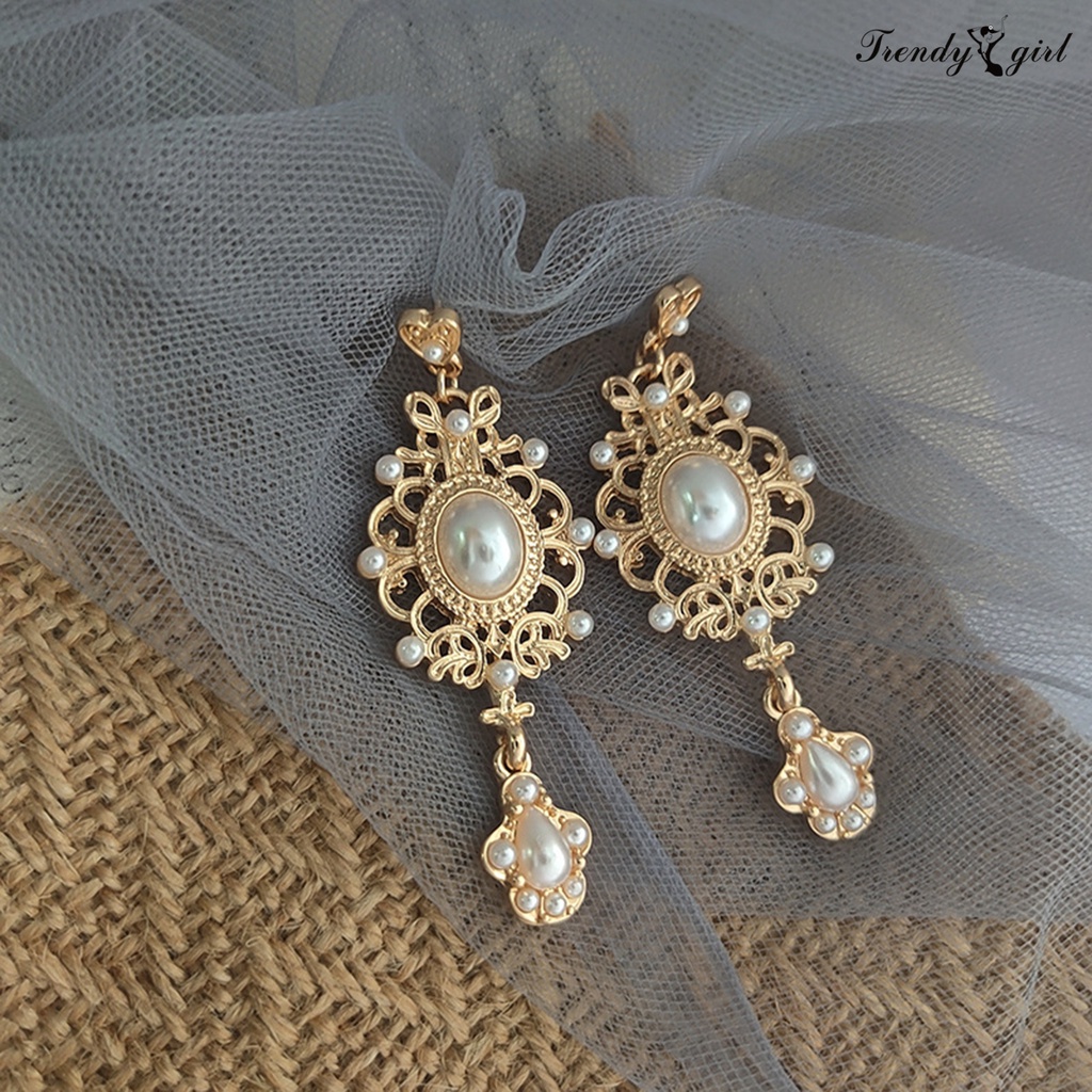 1 Đôi Bông Tai Đính Ngọc Trai Nhân Tạo Họa Tiết Hình Học Phong Cách Hoàng Gia Thời Trang