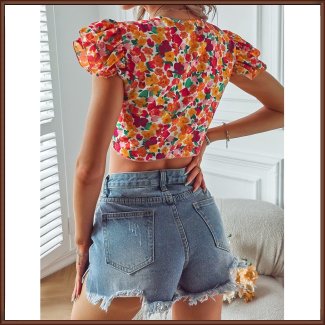Áo Croptop Chiffon Tay Ngắn Dáng Rộng In Họa Tiết Hoa Đính Nơ Thời Trang Mùa Hè Xinh Xắn Cho Nữ