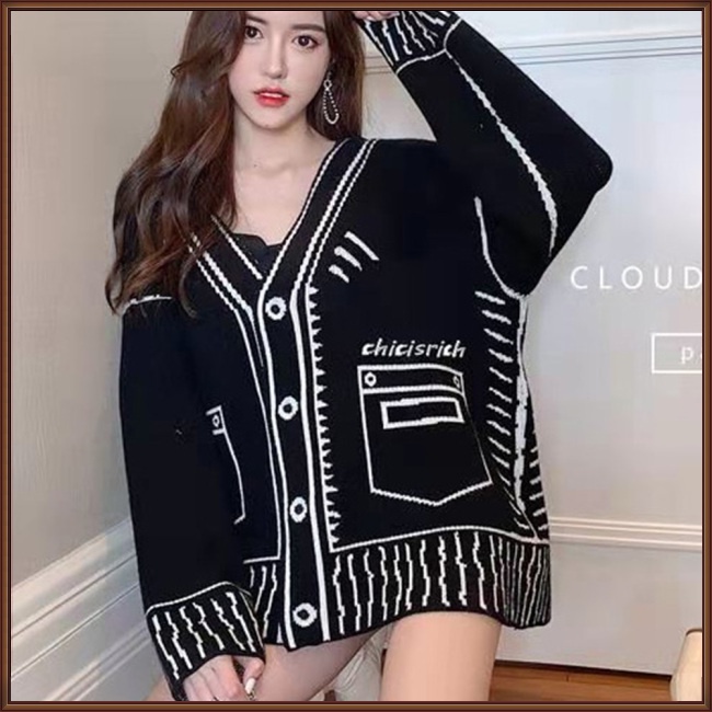 Áo Khoác Cardigan Dệt Kim Dáng Rộng Cỡ Lớn In Hoạt Hình Graffiti Dễ Thương Cho Nữ